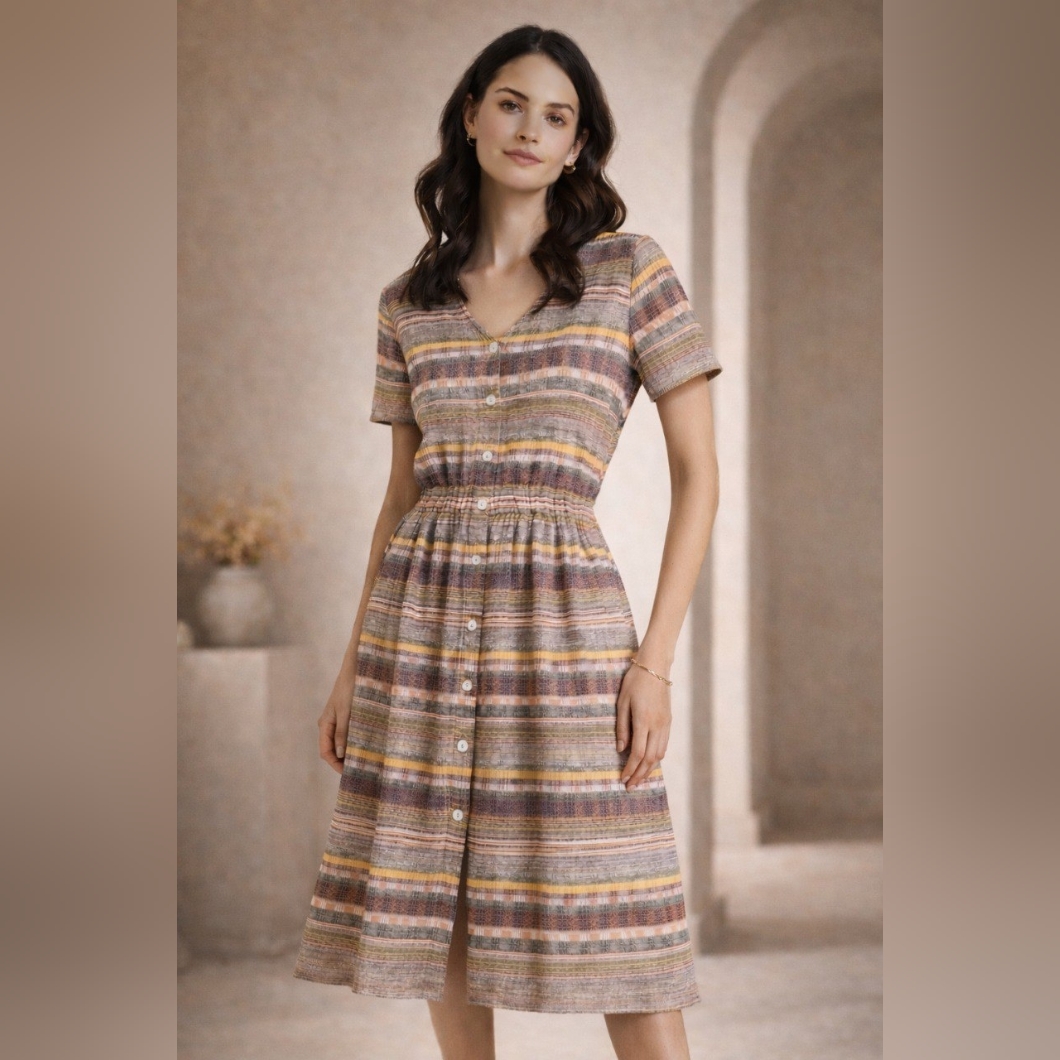 Esprit Button Front Midi Dress Small 6 Eu 36 Striped Cotton Elastic Waist